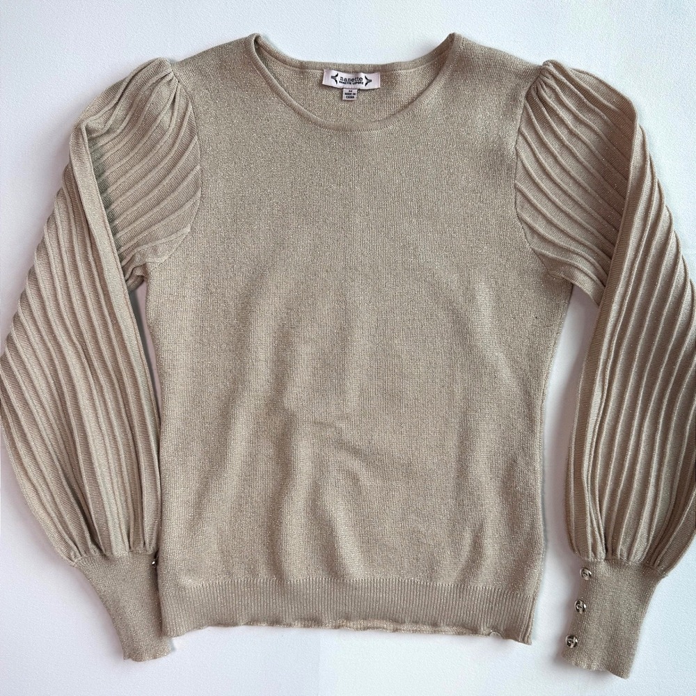 Nanette Lepore Metallic Gold Pleated Puff Sleeve Knit Sweater Top Size Medium